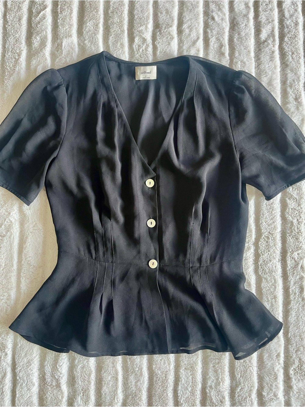 Wilfred Aritzia Black Minimalist Sheer Sleeve Button-Front Peplum Blouse